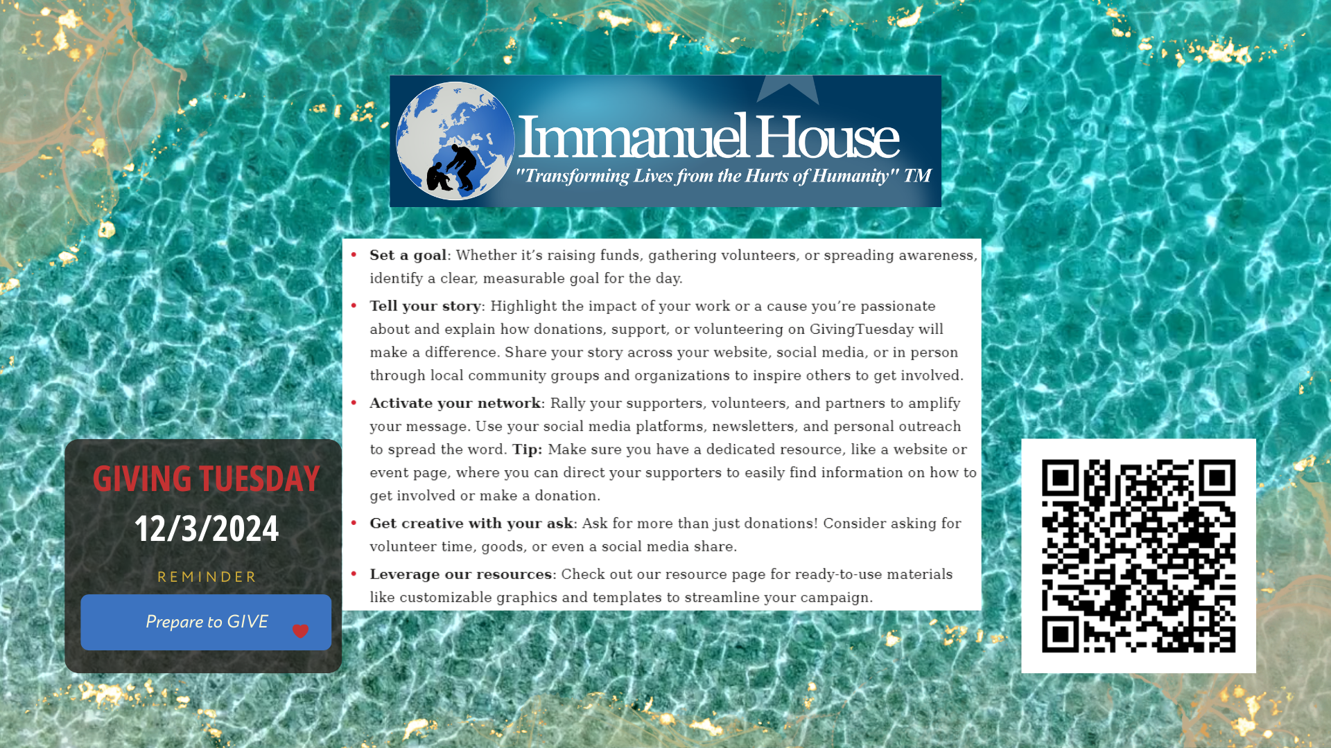 Giving Tuesday text with colorful background and qr code and Immanuel House Logo