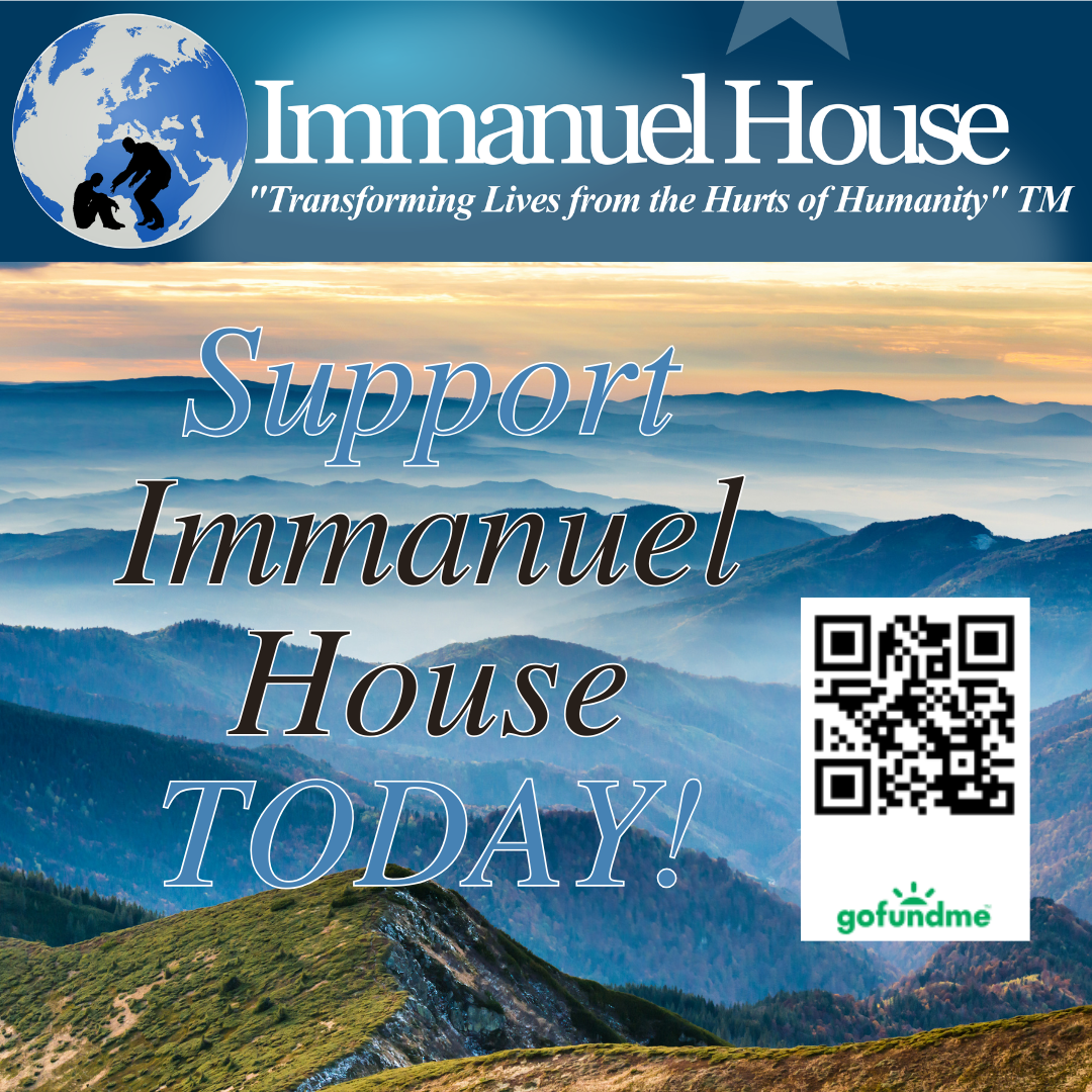 mountain background with Immanuel House banner and qr code for gofundmepage