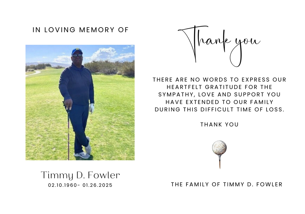 Image of Timmy Fowler at a golf course with text regarding his passing.